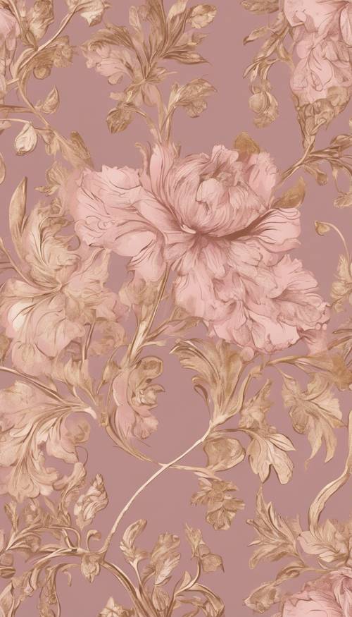 먼지가 많은 핑크색과 풍부한 금색 톤으로 이루어진 빅토리아 스타일의 꽃무늬 벽지를 자세히 묘사한 그림입니다.