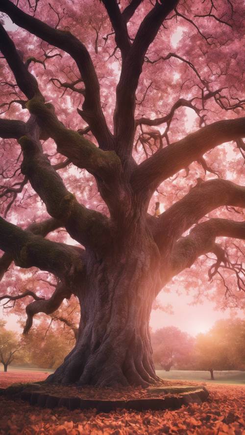 Un grand chêne marron sous un coucher de soleil rosé.