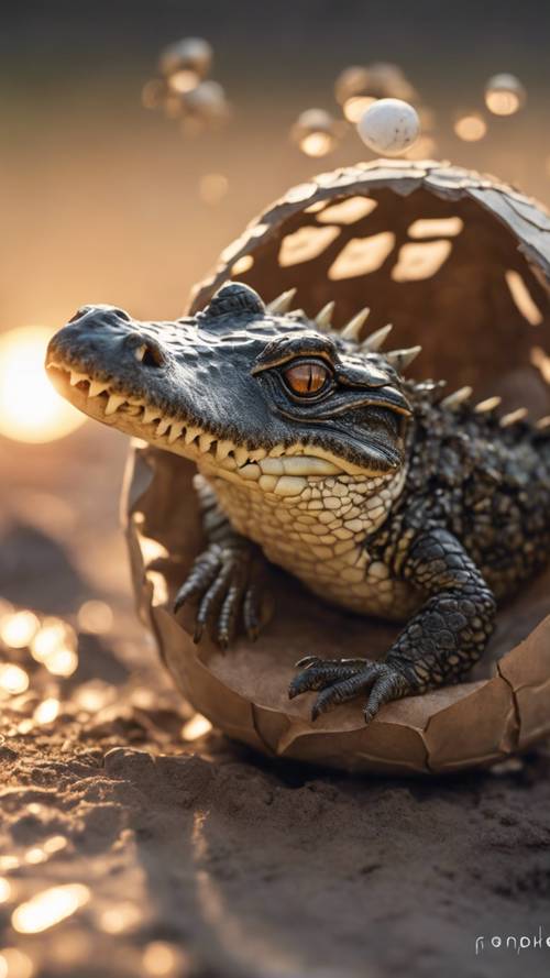Новорожденный крокодил вылупляется из яйца, его блестящая чешуя отражает первые лучи рассвета.