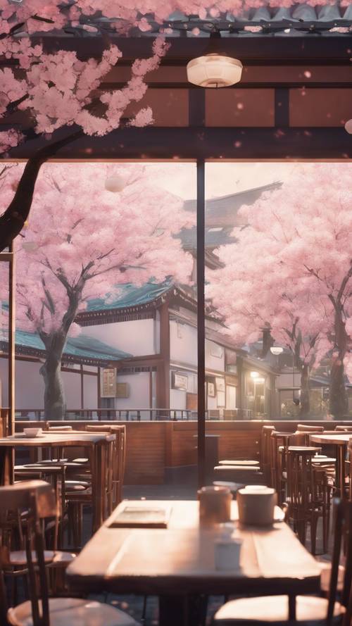 Um tranquilo café de anime escondido sob cerejeiras em flor.
