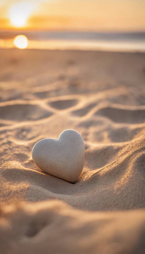 Uma pedra bege em forma de coração deitada na areia da praia durante o pôr do sol.