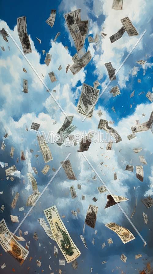 Money Falling from the Sky Under White Clouds