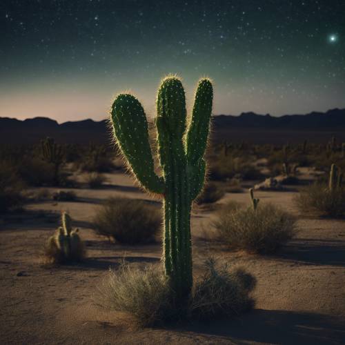 Ein einsamer, salbeigrüner Kaktus in einer ruhigen Wüste unter einer sternenklaren Nacht