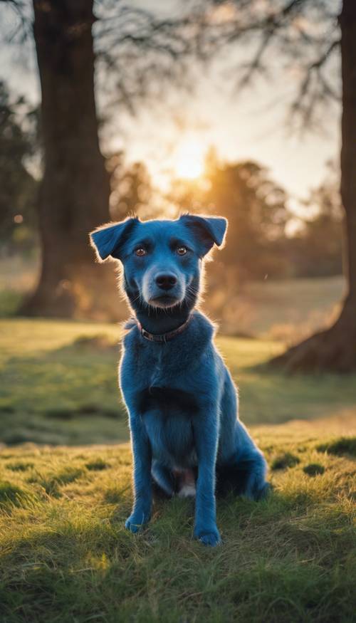 A blue dog with bright eyes sitting on a grassy hill against a setting sun.