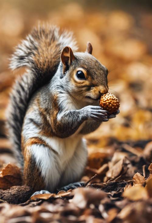 A bushy-tailed squirrel nibbling on a light golden acorn.