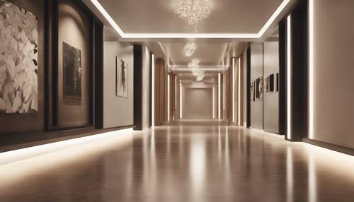 时尚的现代走廊，展示中性色彩的艺术、简洁的线条和重点照明。
