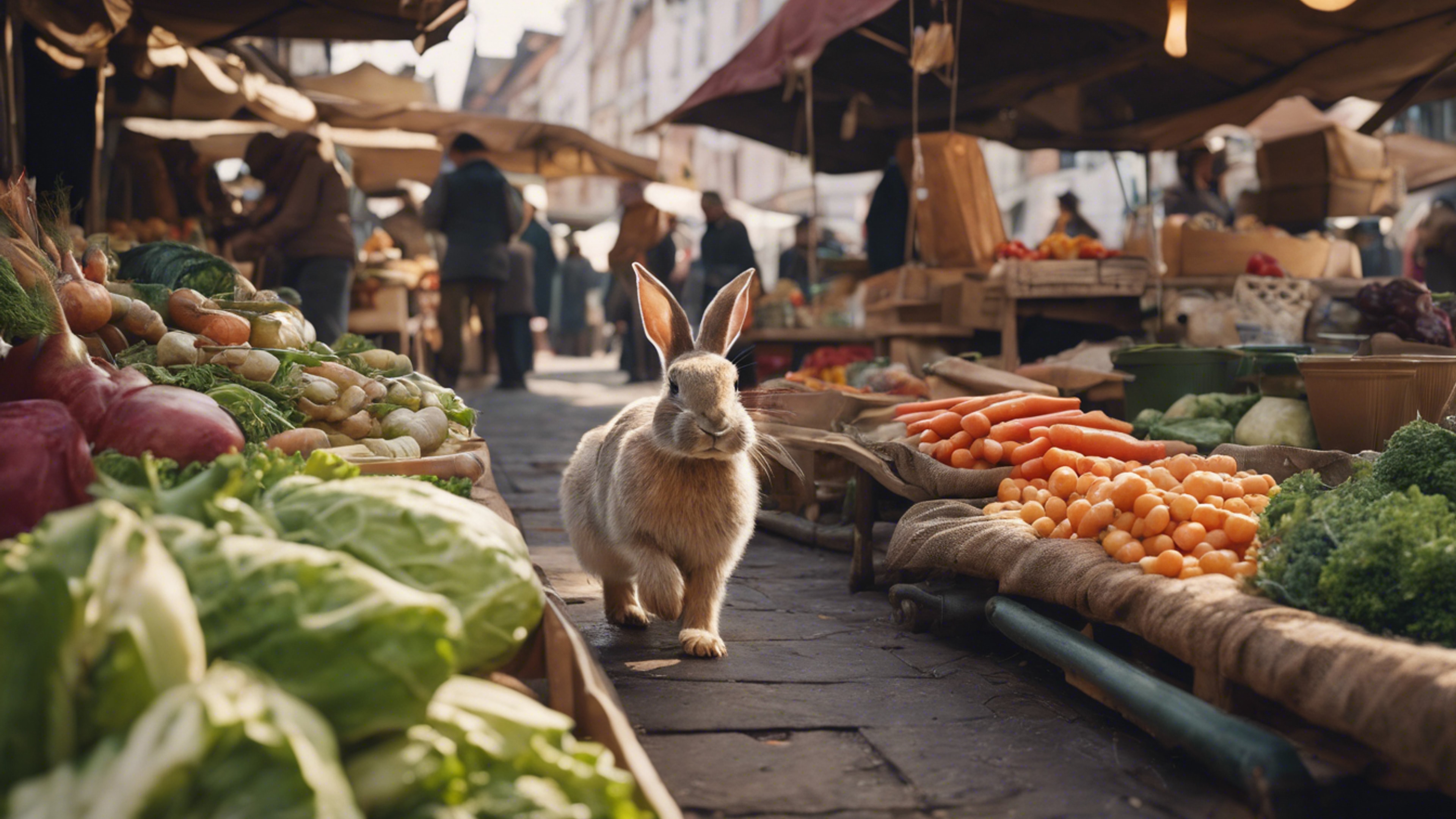 A rabbit running a vegetable stall in an old-fashioned market. Обои[95b88699917c48c6bf62]