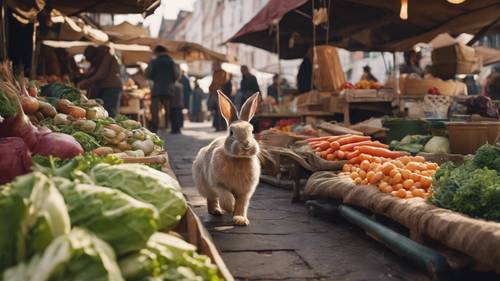 Eski moda bir pazarda sebze tezgahı işleten bir tavşan.