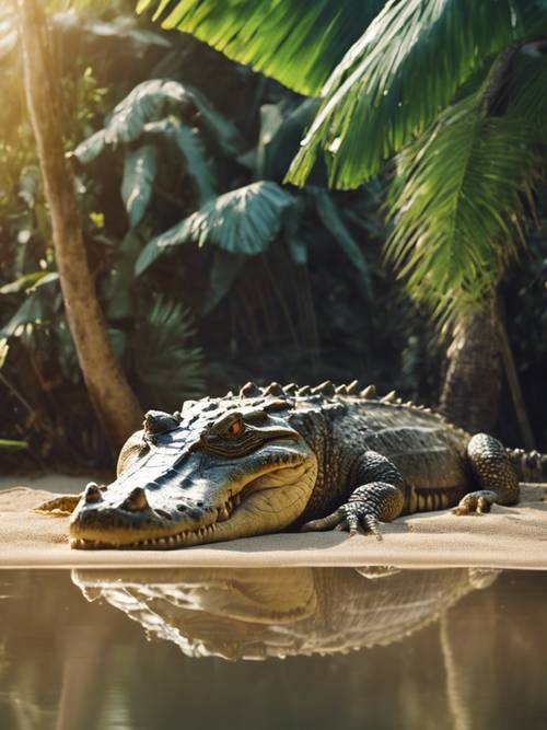 Un coccodrillo sdraiato sulla riva sabbiosa di un fiume, circondato da uccelli tropicali esotici.