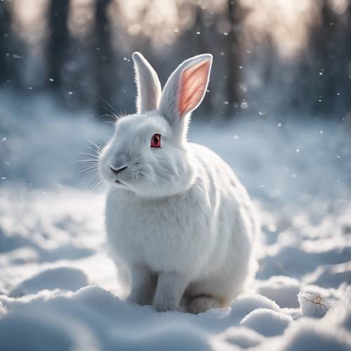 Ein makellos weißes Kaninchen, getarnt vor einem Schneefeld, sodass nur seine dunklen Augen sichtbar sind.