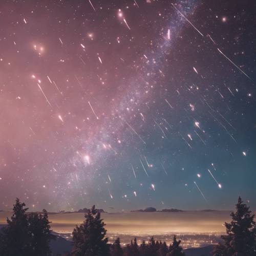 Hujan meteor berwarna pastel yang memukau di langit malam berwarna pastel.
