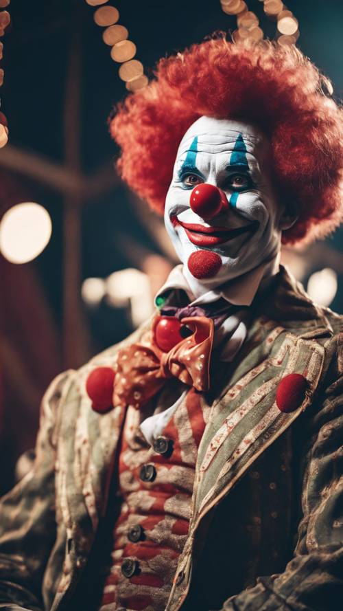 A happy clown with a big red nose in a classic circus setting.