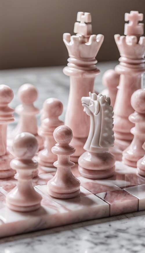 A pastel pink marble chess board with white marble chess pieces.