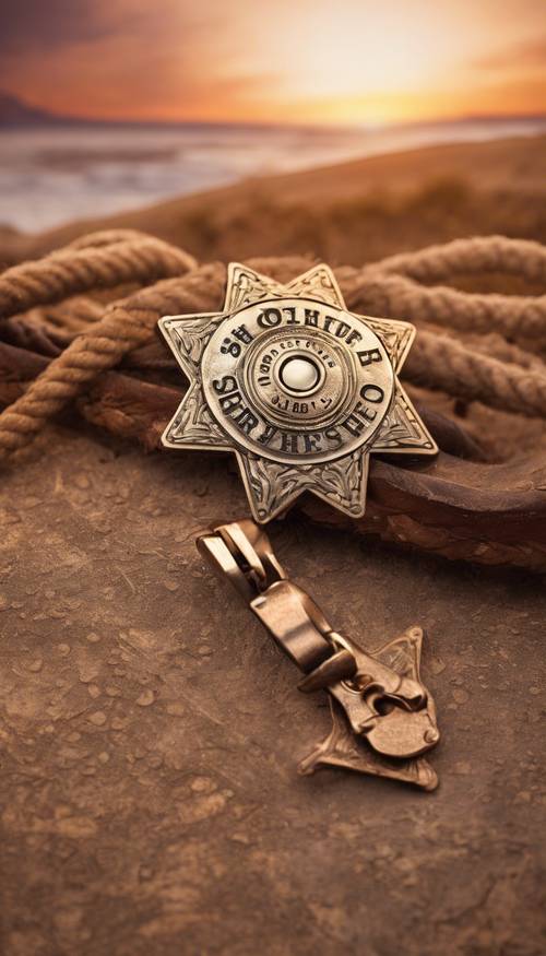 Un intrincado patrón de insignias de sheriff con un fondo de puesta de sol del salvaje oeste.