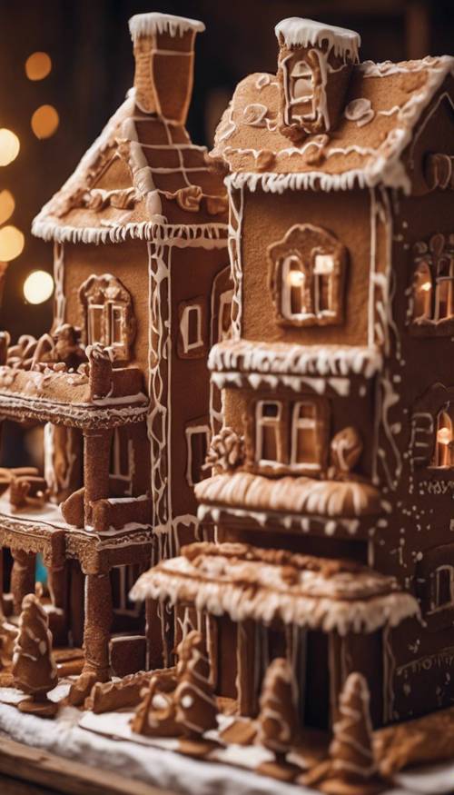 Beautifully decorated gingerbread houses in the shape of old western buildings.