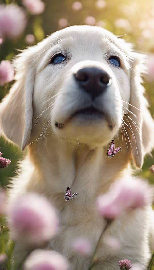 A white golden retriever puppy curiously sniffing a beautiful butterfly on its nose in a blossoming spring garden. Tapeta [b062a2fbd81649afb31f]