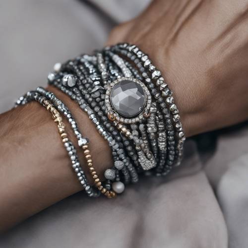 여러 겹의 그레이 다이아몬드 참 팔찌로 감싼 손목.
