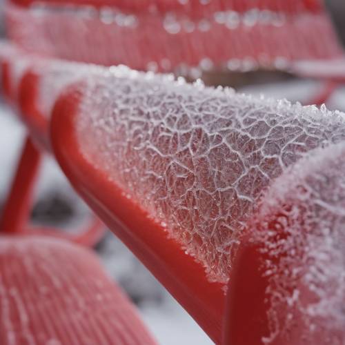 Gambaran embun beku yang terlihat sangat dekat di permukaan kursi taman Fermob berwarna merah.