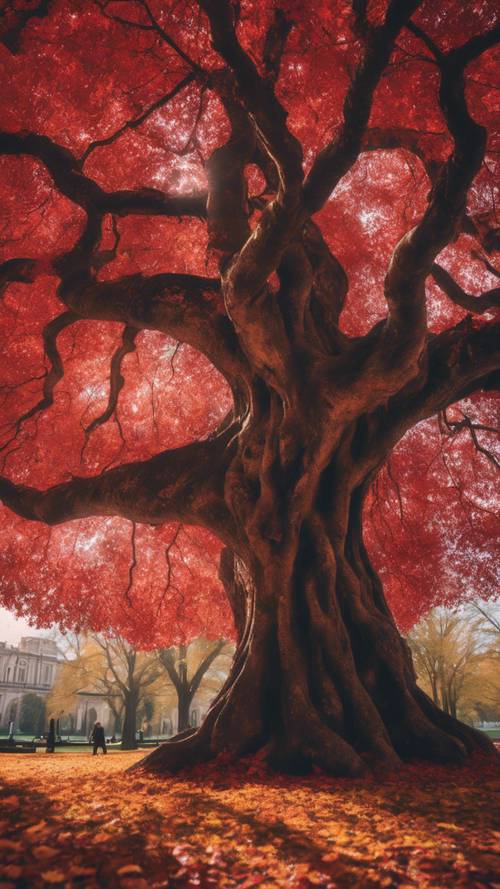 深紅色和金色的葉子圍繞著一棵雄偉的哥德樹旋轉，這棵樹就像是寧靜公園中的哨兵。