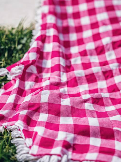 Koc piknikowy w jaskrawą różowo-białą kratkę w letniej scenerii preppy.