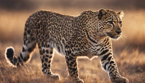 Um leopardo caminhando graciosamente com pêlo em tons neutros retratado ao amanhecer.