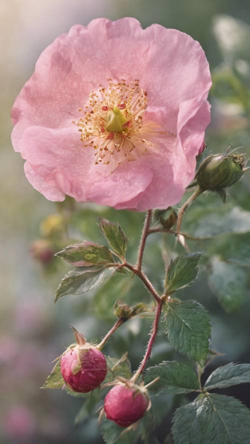 Cetakan botani mawar liar era Victoria yang sangat detail.
