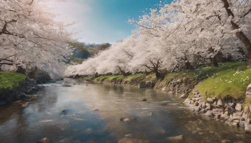 清澈見底的溪流沿岸，一簇簇白色櫻花樹盛開，蔚為壯觀。