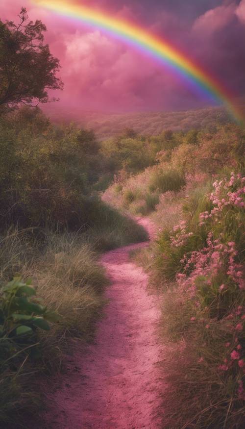A wilderness trail leading toward a beautiful pink rainbow.