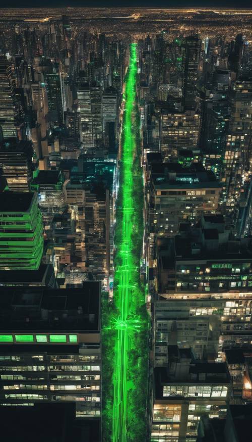 夜晚的城市天際線，所有建築物都被明亮的霓虹綠燈勾勒出輪廓。