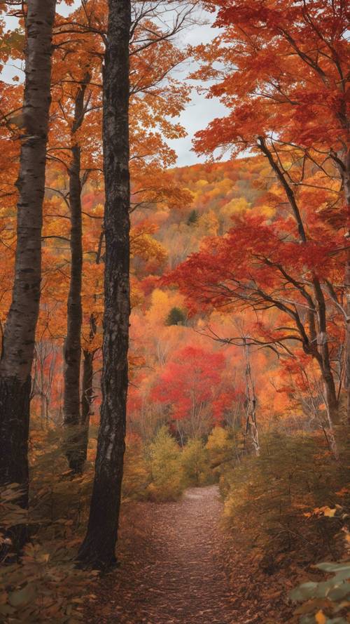 Pegunungan Landak yang mencolok secara visual di Semenanjung Atas Michigan, berkilauan dalam nuansa merah dan oranye selama musim gugur.