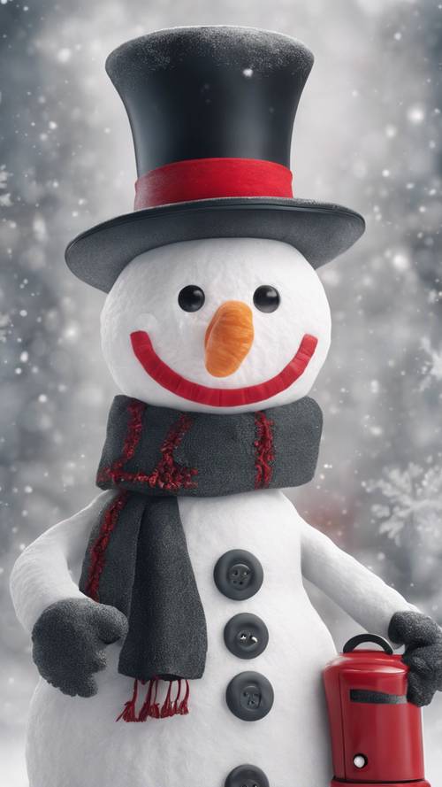 Ein lustiger Schneemann, geschmückt mit einem Zylinder, einem roten Schal und kohlrabenschwarzen Knöpfen und einem „Frohe Weihnachten“-Schild aus den 50er-Jahren.