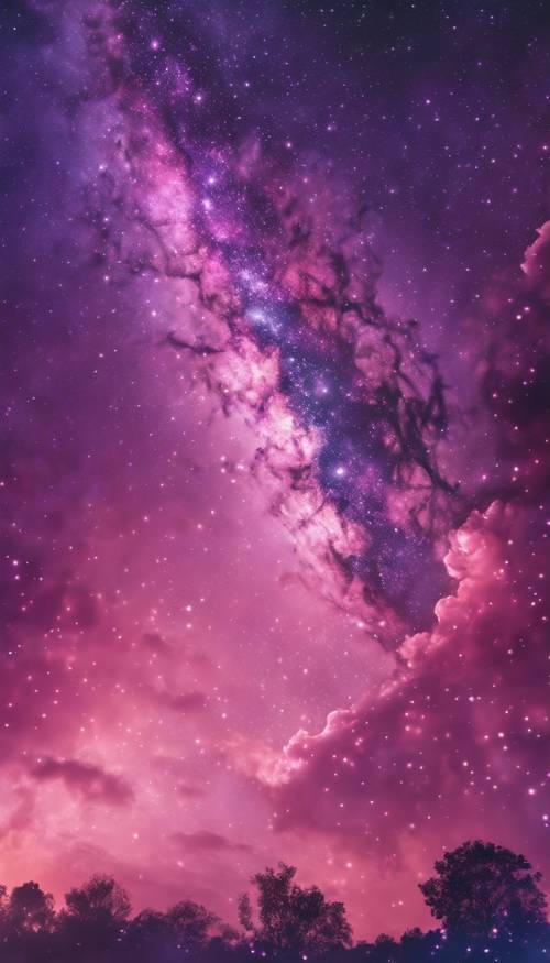 Różowa i fioletowa galaktyka z promiennymi gwiazdami rozsianymi po aksamitnym niebie.