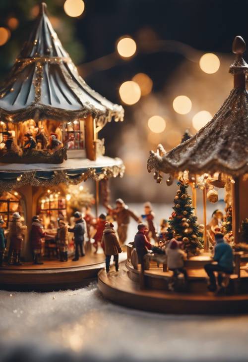 Un village de Noël miniature magique, plein de joie, avec des enfants s&#39;amusant sur un carrousel.