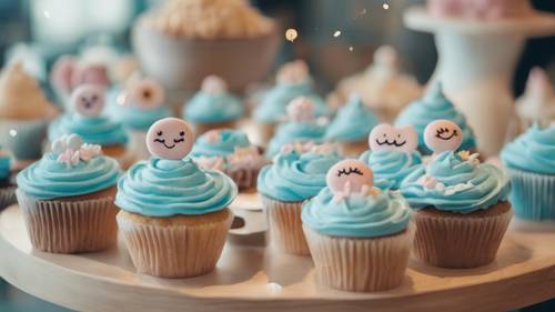 Pastel blue cupcakes in a kawaii bakery shop with happy faces decorated on the frosting.