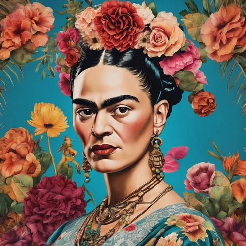 Frida Kahlo&#39;nun kendine özgü stilini yansıtan, masmavi bir fon önünde çiçekli bir başlıkla süslenmiş bir duvar resmi.