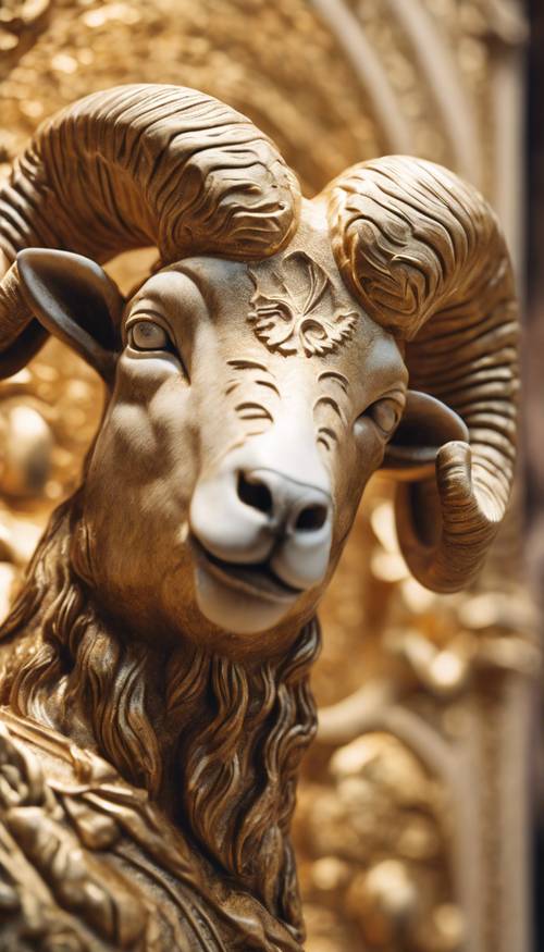 An artistically carved ram's head in golden marble, symbolizing the Aries zodiac sign.