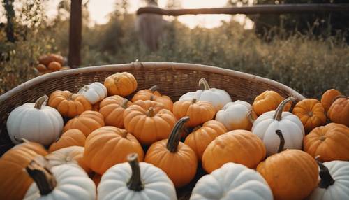 A basket full of freshly picked orange and white pumpkins. Tapet [577bc5326a6c48a2a1a3]