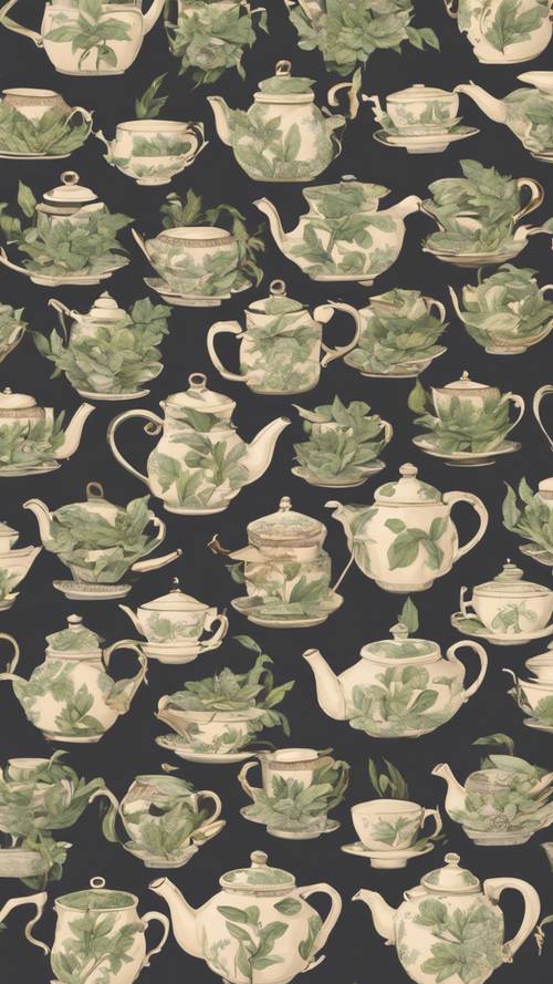 Modello di varie foglie di tè intervallate da teiere vintage.