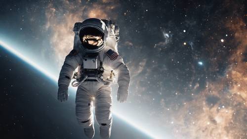 A scene of an astronaut floating in the vastness of black space.