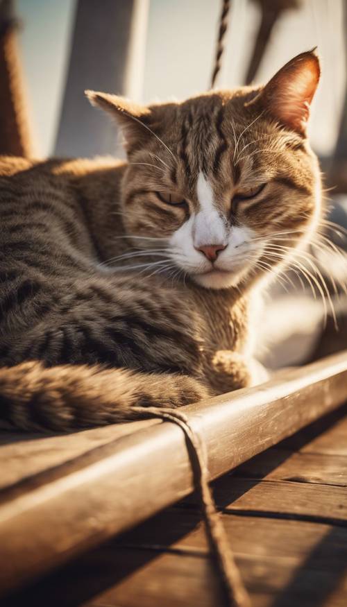 قطة تنام برضا على سطح قارب شراعي مضاء بنور الشمس.