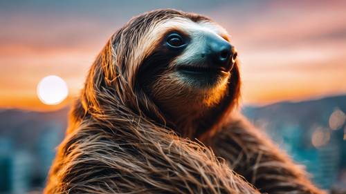 A sloth poised majestically against the backdrop of a vivid sunset.