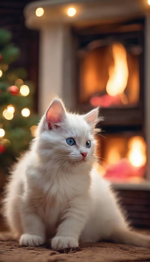 Um gatinho branco como a neve com um laço de Natal colorido sentado perto da lareira aconchegante.