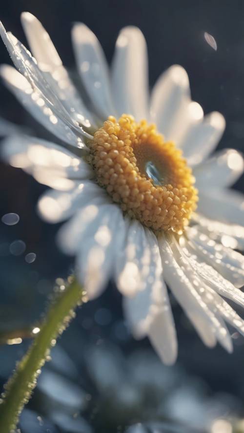 Close-up de uma margarida branca com pétalas azuis brilhando sob o sol da manhã.