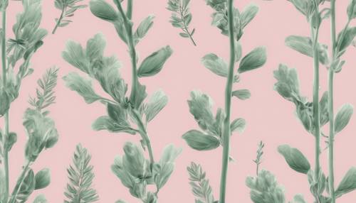 파스텔 핑크 캔버스에 달콤한 세이지 그린 컬러의 기발한 꽃 패턴입니다.
