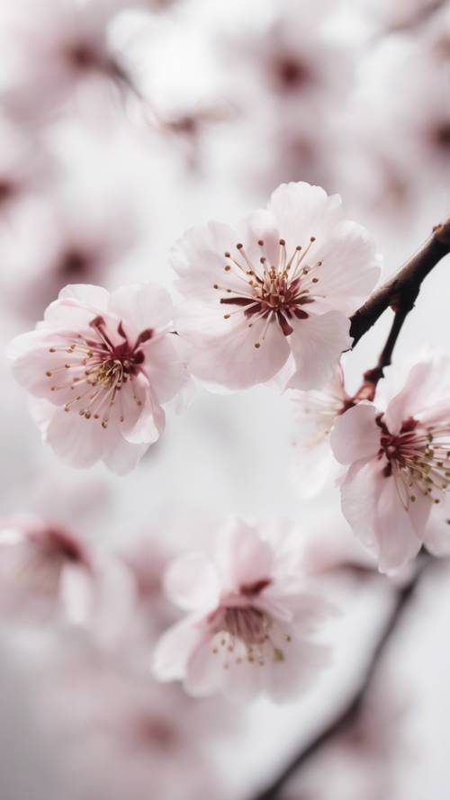 Contemporary print of cherry blossom sparsely distributed on a clean white background.