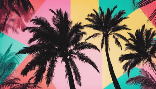 Abstrakcyjny pop-art przedstawiający czarną palmę na tle palety żywych, kontrastujących kolorów.