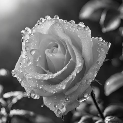 Foto makro skala abu-abu dari mawar putih mekar yang meneteskan embun di bawah cahaya pagi.