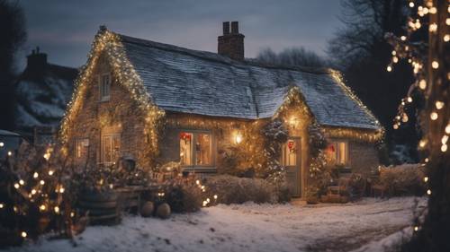 A quaint English cottage decorated with traditional Christmas lights in the countryside.