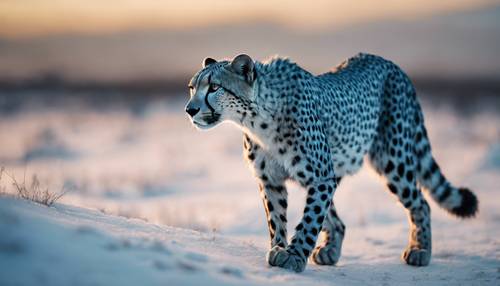 Cheetah biru berkeliaran di sepanjang tepi lanskap es saat senja.