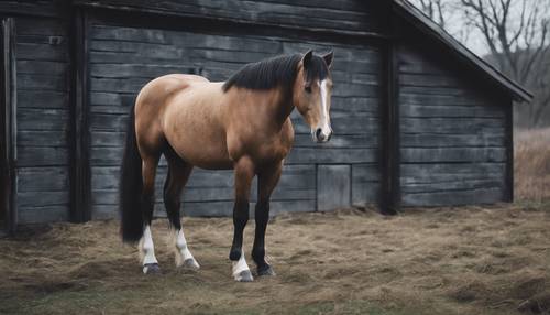 لوحة واقعية لحصان يقف بجانب حظيرة من الطوب باللون الرمادي الداكن.